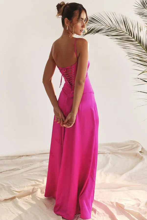 Satijnen Corset Maxi Jurk met Lace-Up Rug