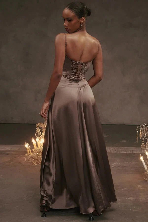 Satijnen Corset Maxi Jurk met Lace-Up Rug