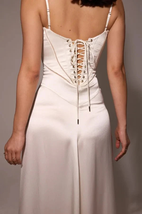 Satijnen Corset Maxi Jurk met Lace-Up Rug