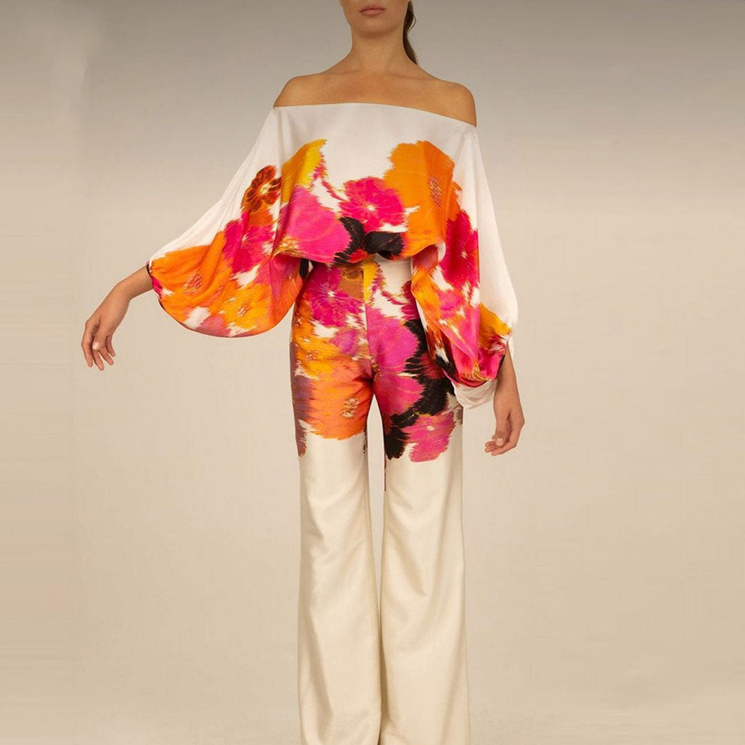 Women's summer set off-shoulder top wide pants lantern sleeves
