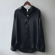 Dames satijn blouse met lange mouwen en klassieke kraag