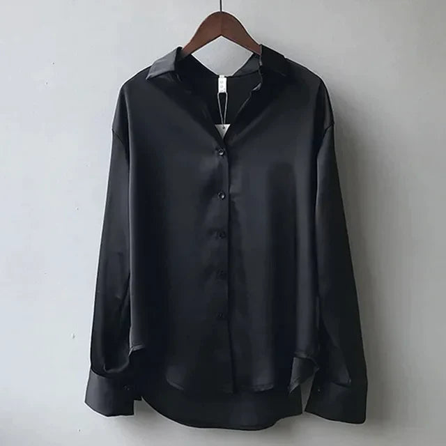 Dames satijn blouse met lange mouwen en klassieke kraag