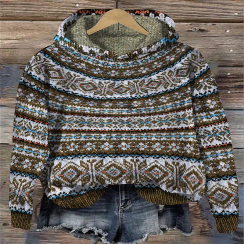 Dames Gebreide Hoodie met Meerkleurig Patroon | Trui met Capuchon en Loose Fit