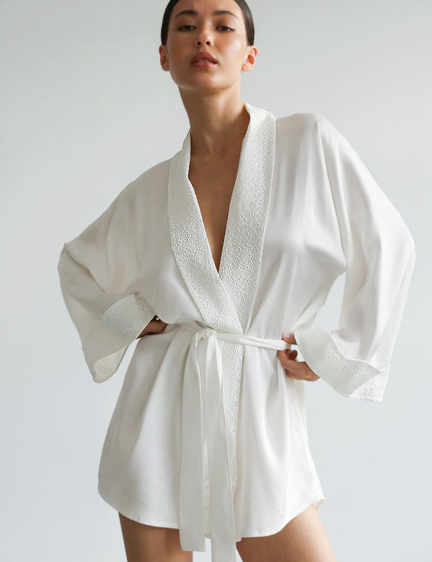 Witte satijn-look kamerjas | Korte loungewear kimono dames