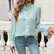 Dames blouse met ruitpatroon | Ruches en uitlopende mouwen