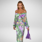 Dames groene zomerjurk off-shoulder met open rug