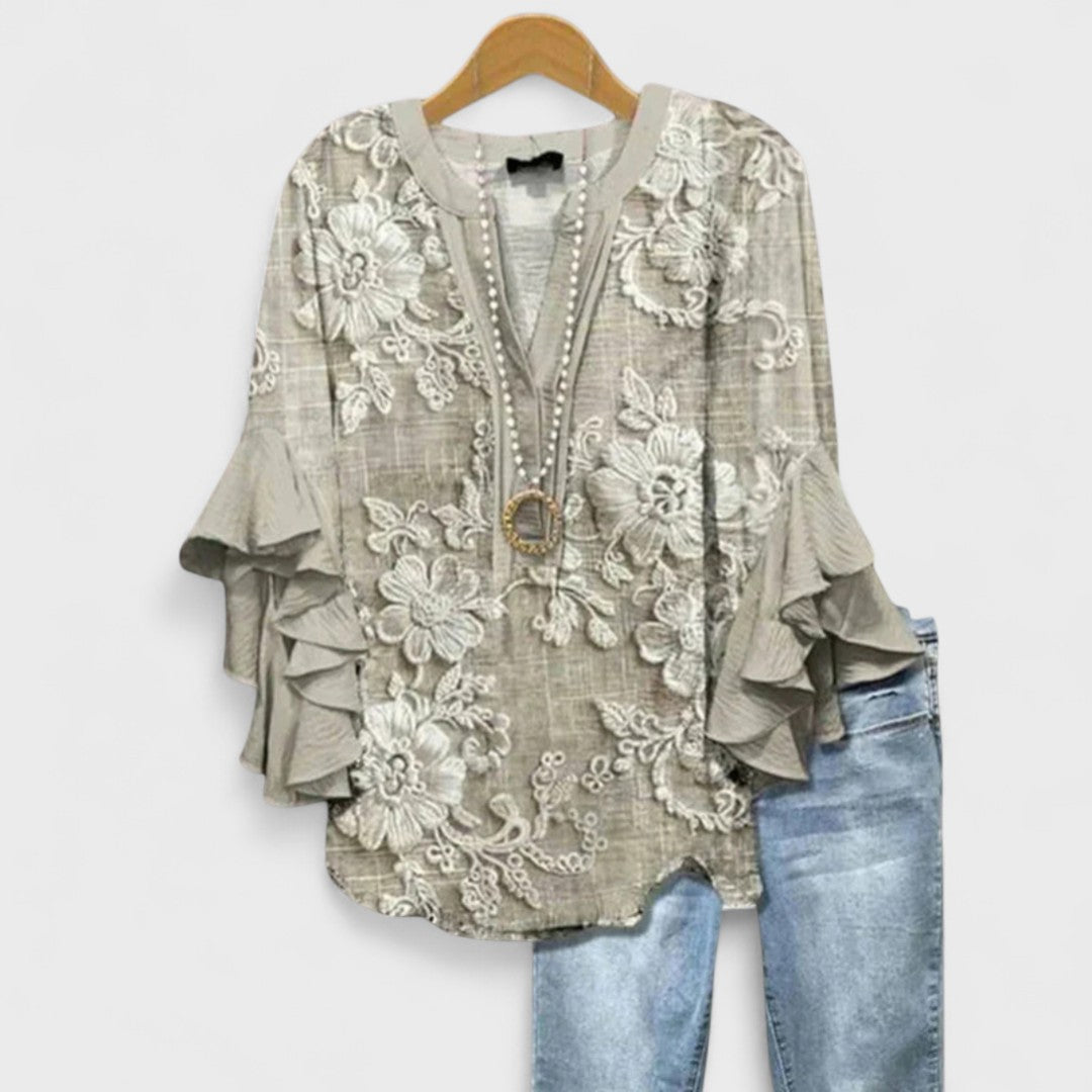 Bloemenprint Top met Ruches Mouwen en V-hals