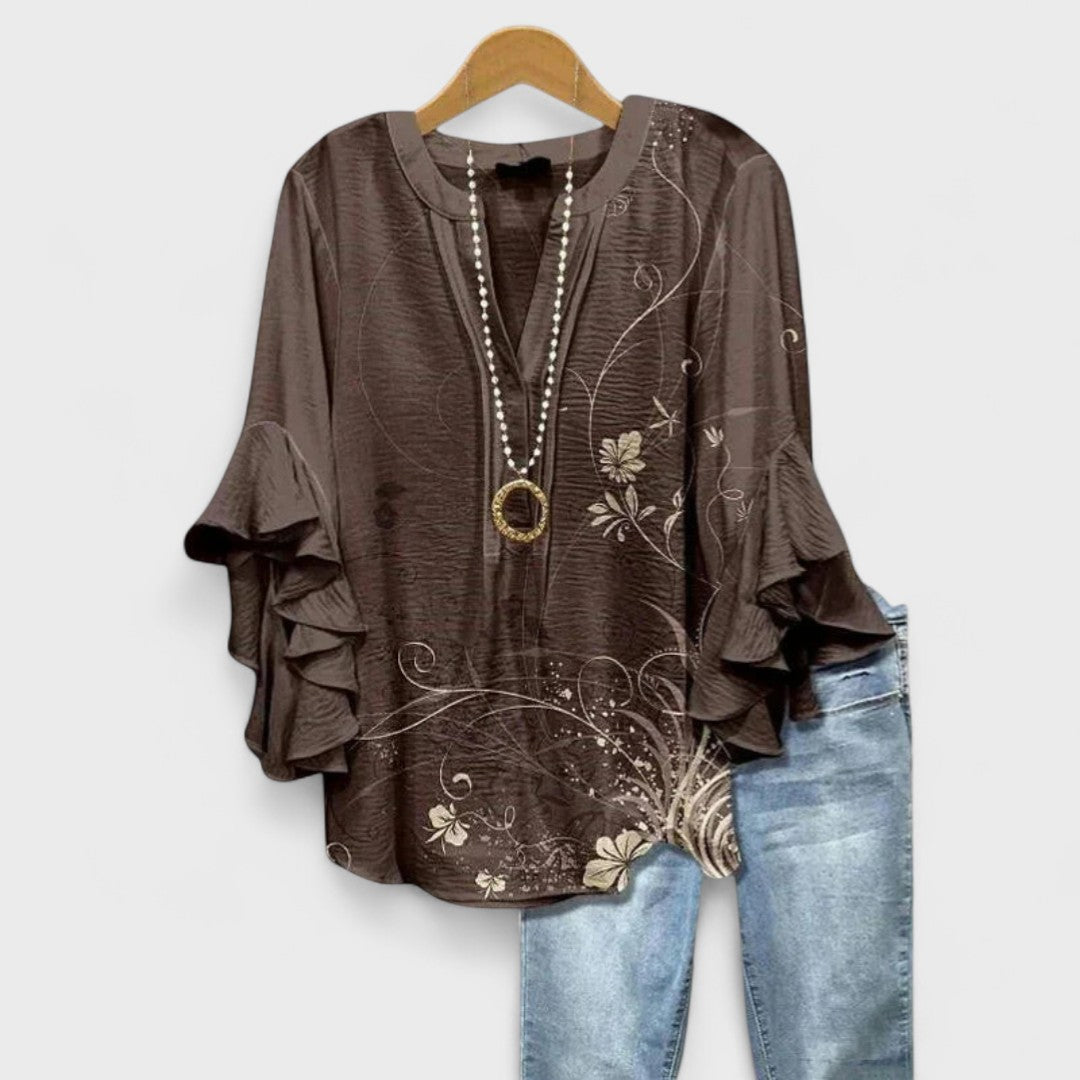 Bloemenprint Top met Ruches Mouwen en V-hals