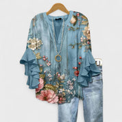 Bloemenprint Top met Ruches Mouwen en V-hals