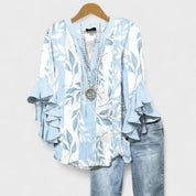 Bloemenprint Top met Ruches Mouwen en V-hals