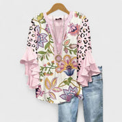 Bloemenprint Top met Ruches Mouwen en V-hals
