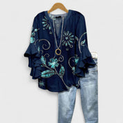 Bloemenprint Top met Ruches Mouwen en V-hals