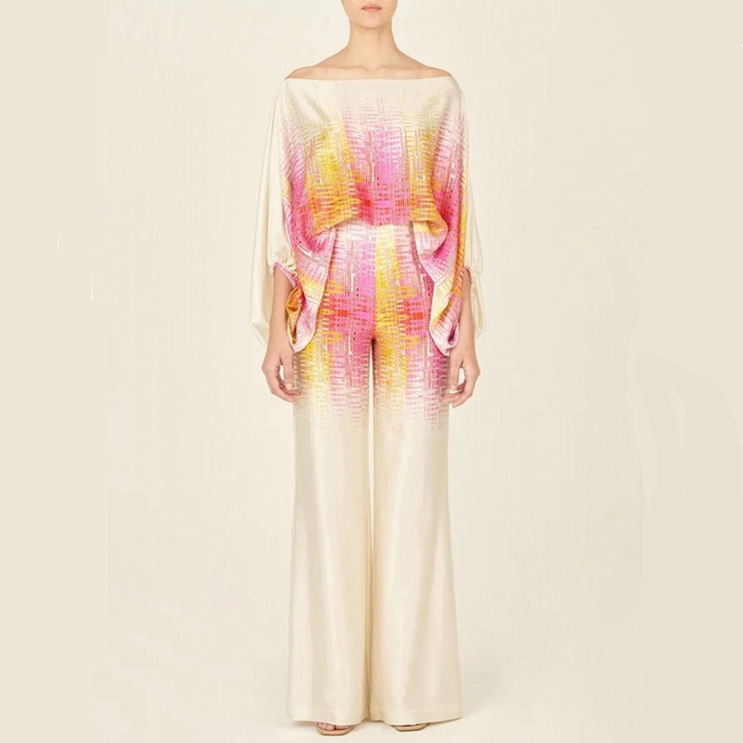Women's summer set off-shoulder top wide pants lantern sleeves