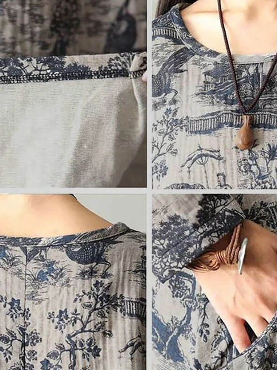 Dames midi jurk met vintage print en lange mouwen