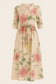 Women's yellow summer midi dress with lace and floral print