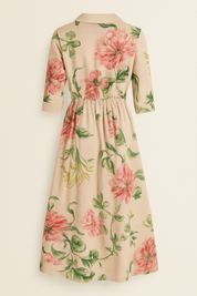 Women's yellow summer midi dress with lace and floral print