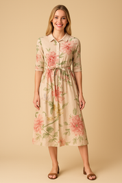 Women's yellow summer midi dress with lace and floral print