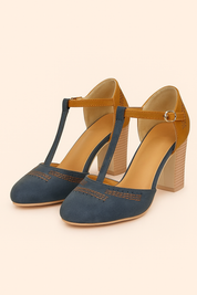 Dames pumps met t-band en blokhak vintage stijl - Tweekleurig