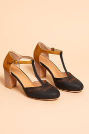 Dames pumps met t-band en blokhak vintage stijl - Tweekleurig