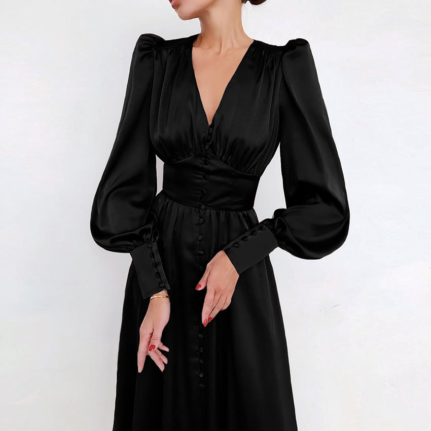 Elegante damesjurk met lange mouwen | Klassieke A-lijn midi jurk met knoopsluiting