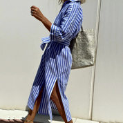 Dames zomerjurk gestreept midi met knoopsluiting
