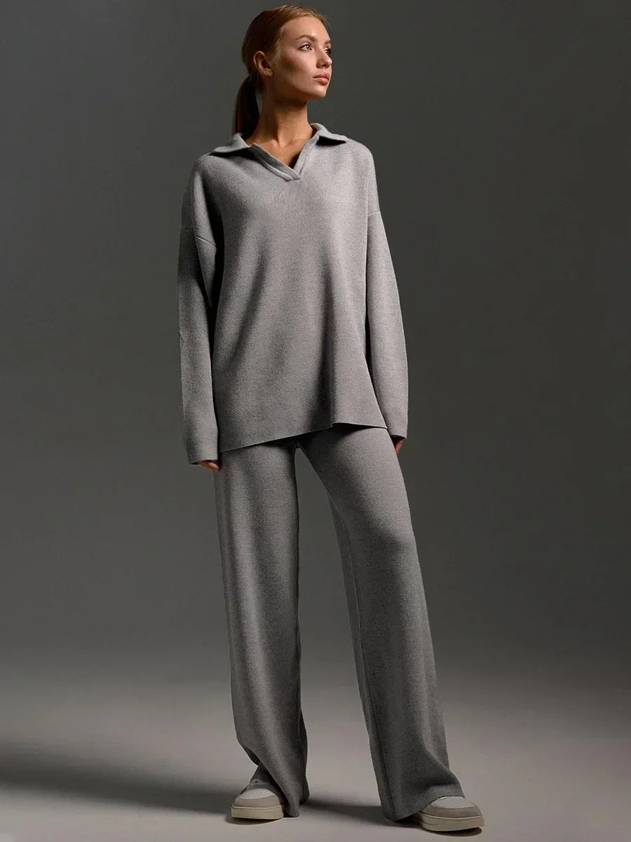Ribbed Knit Lounge Set | Tweedelige Loungewear Set met Wijde Broek