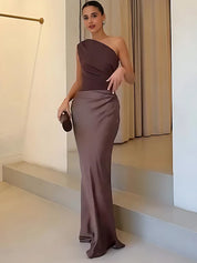 Lange One Shoulder Jurk Dames – Maxi Avondjurk Bruiloft in Bruin Zwart Groen