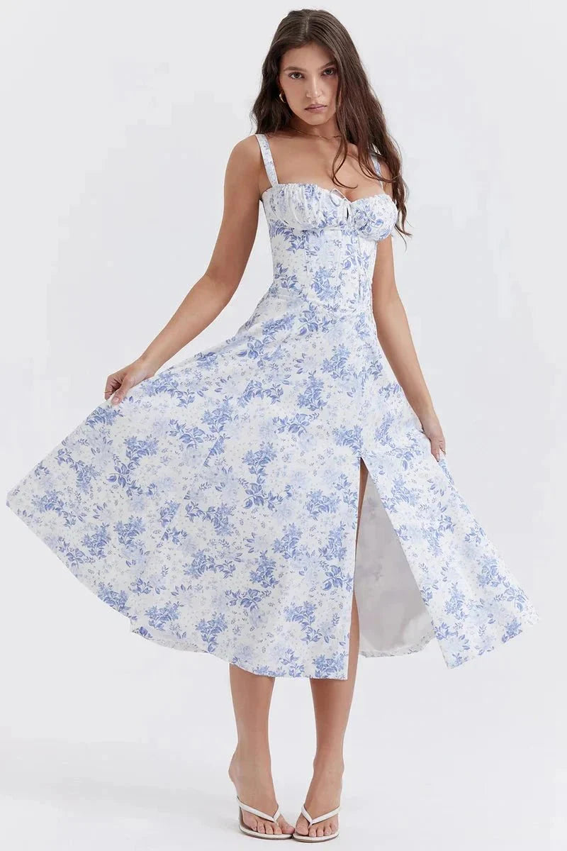 Floral Corset Midi Jurk met Split | Elegante Zomerjurk Dames