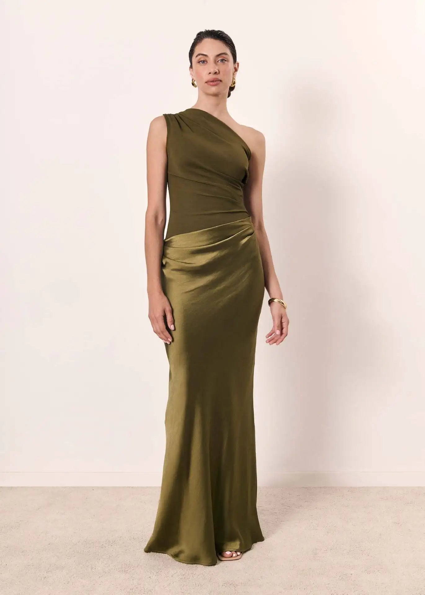Lange One Shoulder Jurk Dames – Maxi Avondjurk Bruiloft in Bruin Zwart Groen