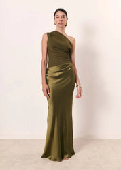 Lange One Shoulder Jurk Dames – Maxi Avondjurk Bruiloft in Bruin Zwart Groen