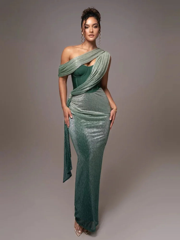 Dames getailleerde avondjurk off-shoulder - Bruin of groen