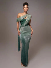 Dames getailleerde avondjurk off-shoulder - Bruin of groen