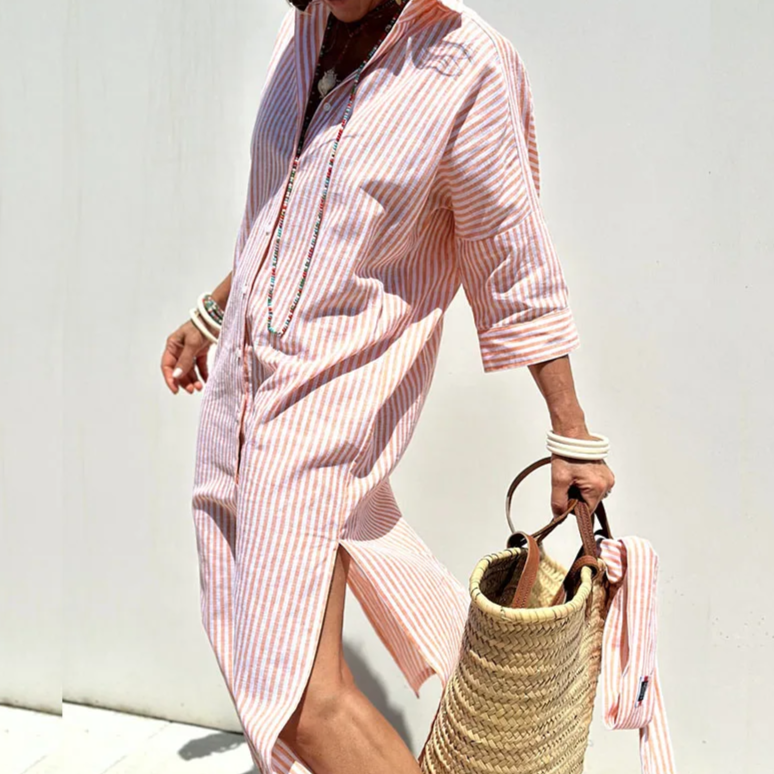 Dames zomerjurk gestreept midi met knoopsluiting