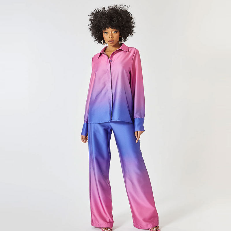 Glanzende Dames Set met Ombre Kleurovergang – Blouse en Wijde Broek