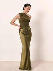 Lange One Shoulder Jurk Dames – Maxi Avondjurk Bruiloft in Bruin Zwart Groen