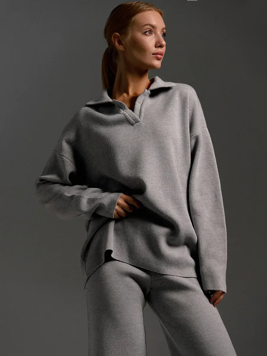 Ribbed Knit Lounge Set | Tweedelige Loungewear Set met Wijde Broek