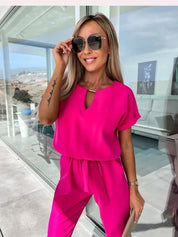 Dames zomerjumpsuit met V-hals en korte mouwen