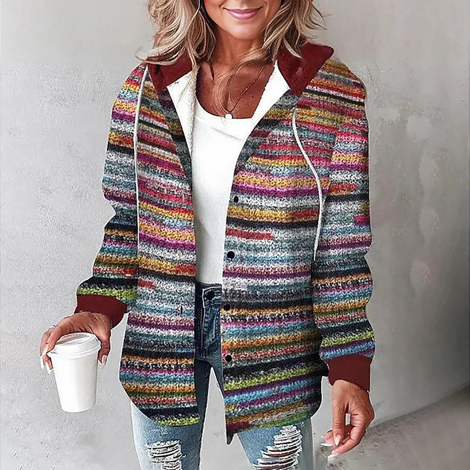 Dames Geruite Overjas met Capuchon | Lange Shacket met Lange Mouw
