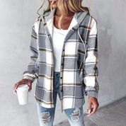 Dames Geruite Overjas met Capuchon | Lange Shacket met Lange Mouw