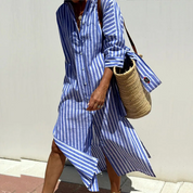 Dames zomerjurk gestreept midi met knoopsluiting