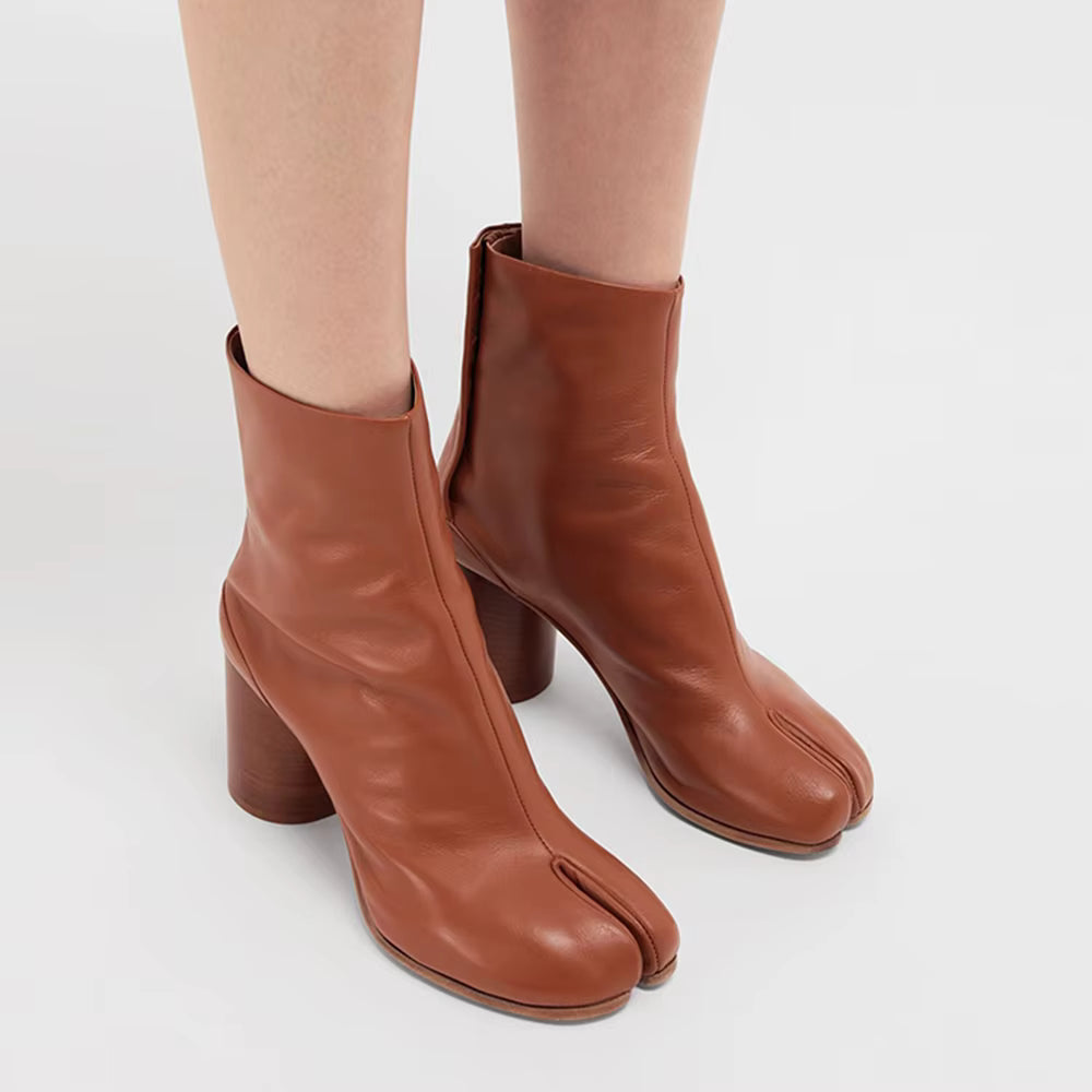 Dames Enkellaarsjes met Gespleten Teen | Enkellaarsjes met Blokhak en Leren Look