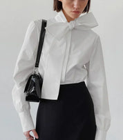 Witte Cropped Blouse Dames met Strikdetail | Lange Mouw en Hoge Kraag