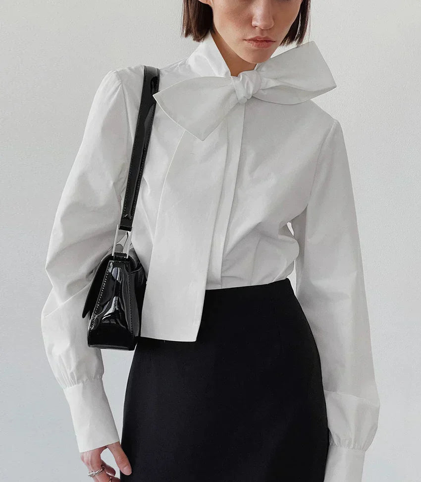 Witte Cropped Blouse Dames met Strikdetail | Lange Mouw en Hoge Kraag