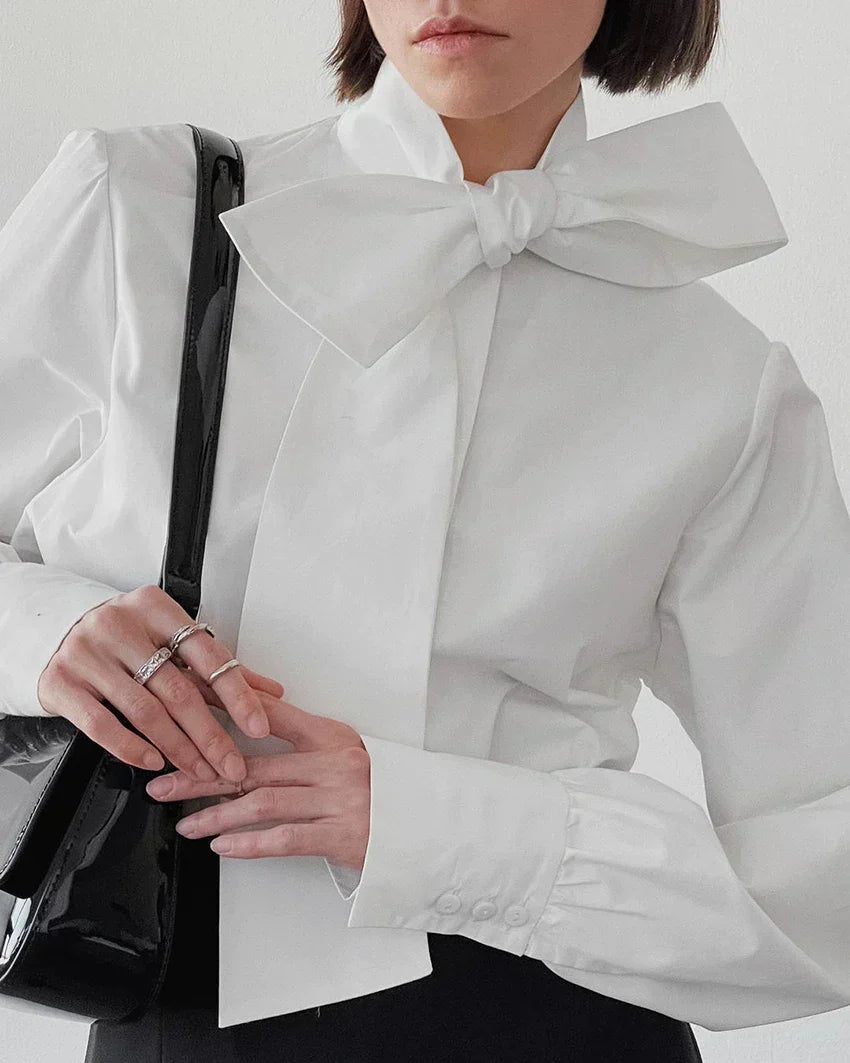 Witte Cropped Blouse Dames met Strikdetail | Lange Mouw en Hoge Kraag