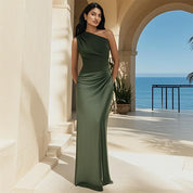 Lange One Shoulder Jurk Dames – Maxi Avondjurk Bruiloft in Bruin Zwart Groen