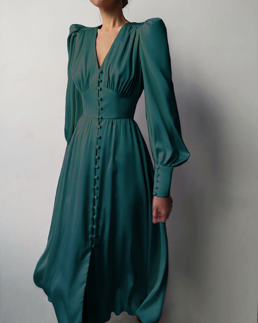 Elegante damesjurk met lange mouwen | Klassieke A-lijn midi jurk met knoopsluiting