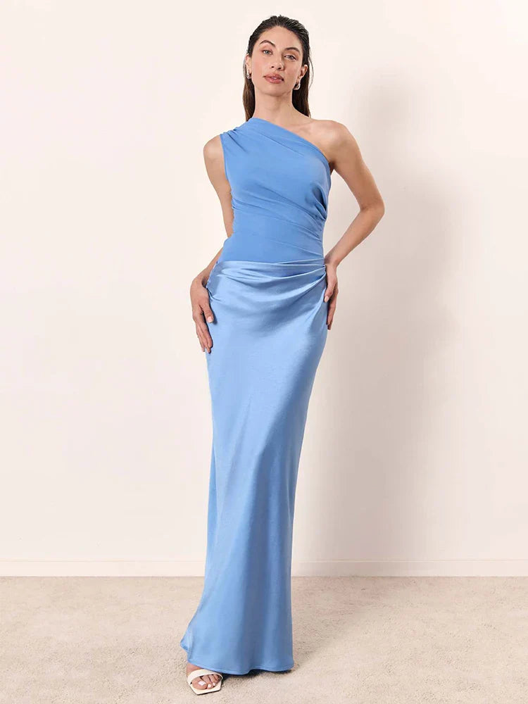 Lange One Shoulder Jurk Dames – Maxi Avondjurk Bruiloft in Bruin Zwart Groen