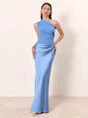 Lange One Shoulder Jurk Dames – Maxi Avondjurk Bruiloft in Bruin Zwart Groen