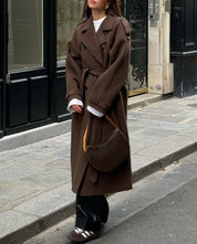 Lange dames mantel met warme wol-look | Chique bruine trenchcoat