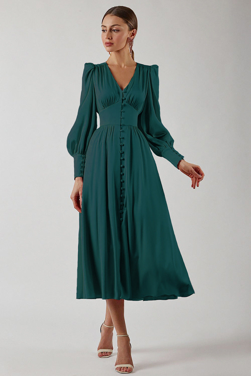 Elegante damesjurk met lange mouwen | Klassieke A-lijn midi jurk met knoopsluiting